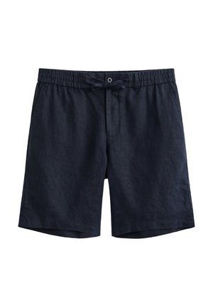 Marineblaue Freizeithosen mit elastischem Bund, Kordelzug, Knopfverschluss und Seitentaschen, geeignet für warmes Wetter.