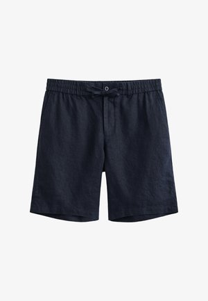 Marineblaue Freizeithosen mit elastischem Bund, Kordelzug, Knopfverschluss und Seitentaschen, geeignet für warmes Wetter.