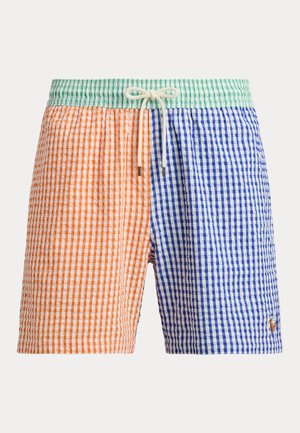 Moške kopalne hlače z oranžno-modrim karo vzorcem, zelenim pasom in belim vrvico za zavezovanje.