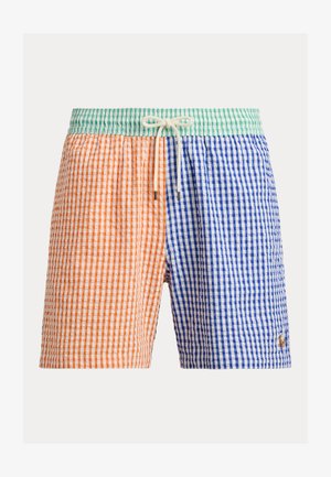 Férfi fürdőnadrág narancs-kék kockás mintával, zöld derékszalaggal és fehér húzózsinórral.