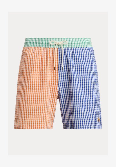 Ανδρικά μαγιό σορτς με πορτοκαλί και μπλε καρό μοτίβο, πράσινη μέση και λευκό κορδόνι για δέσιμο.