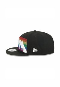 Black cap featuring a front embroidered design of mountains in rainbow colors with horizontal stripes and a white logo on the side.