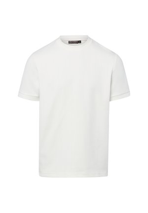 Prosty biały T-shirt z krótkim rękawem i okrągłym dekoltem, o regularnym kroju, prezentowany na neutralnym tle.