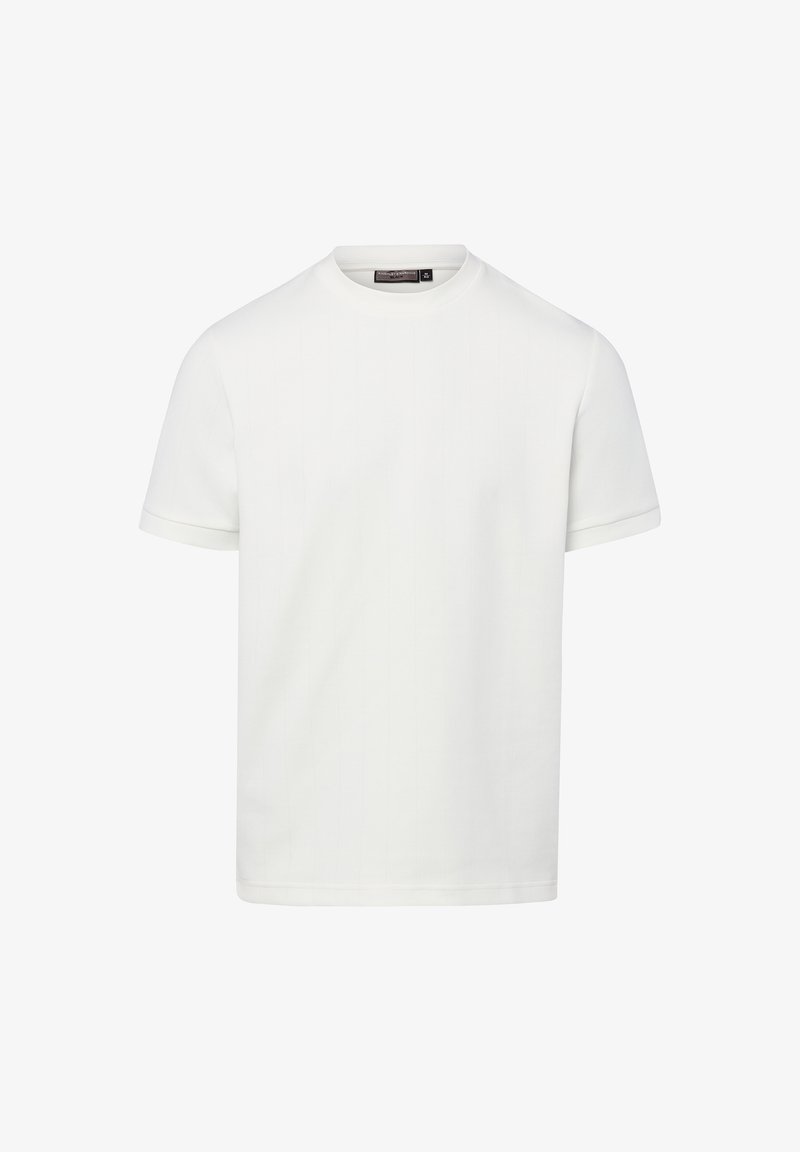T-shirt blanc uni à manches courtes avec col rond et coupe régulière, présenté sur un fond neutre.