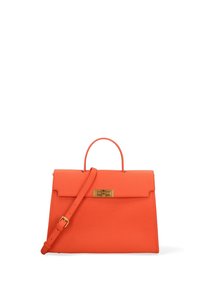 Borsa a mano in pelle arancione con un design strutturato, manico superiore e tracolla staccabile. Presenta una chiusura in tonalità oro e una texture liscia.