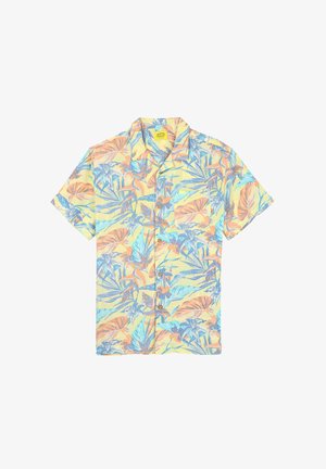 Chemise à manches courtes avec un fond jaune pastel et des motifs de feuilles tropicales bleues et orange, en tissu léger et avec une poche poitrine.
