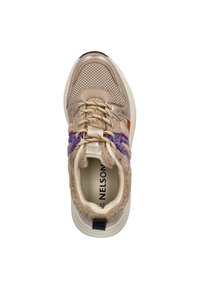 Beige sneaker with mesh and soft textile upper, featuring purple and pink accents, plush lining, rounded toe, and black heel tab.