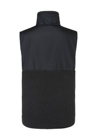 Schwarze Weste mit einer glatten oberen Schicht und einem strukturierten Fleece-Unterteil, hohem Kragen und ohne Ärmel.