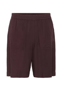 Shorts di cotone bordeaux con vita elastica, due tasche laterali e vestibilità rilassata. Tessuto morbido e design alla lunghezza del ginocchio.
