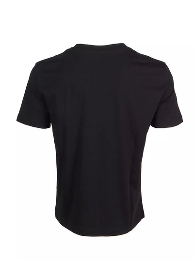 T-shirt nera a maniche corte con collo rotondo, realizzata in cotone morbido. Superficie liscia con orlo curvo nella parte inferiore.