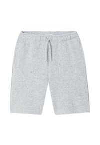 Shorts en polaire gris clair avec taille élastique et cordon de serrage, longueur aux genoux, conçus pour un usage décontracté.