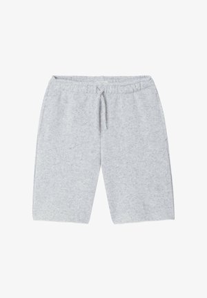Svetlo sive flis kratke hlače z elastičnim pasom in vrvico za zategovanje, dolžine do kolen, namenjene za vsakodnevno nošenje.