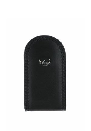 Porte-clés en cuir noir avec bords surpiqués et petit logo argenté avec des cornes stylisées au centre avant.