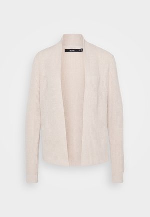 Lys beige cardigan, åpen frontdesign, ribbet tekstur, lange ermer og strikket materiale med et subtilt mønster.