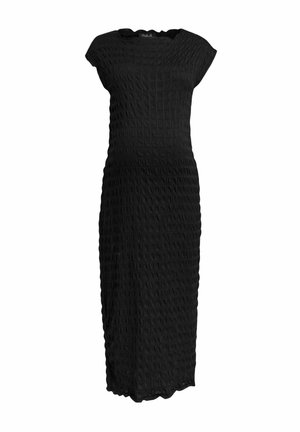 Fekete midi ruha texturált anyagból, testhez álló fazonnal, kis ujjal és hullámos alsó szegéllyel. Az egész ruha rácsszerű mintázattal rendelkezik.