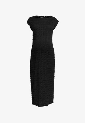 Fekete midi ruha texturált anyagból, testhez álló fazonnal, kis ujjal és hullámos alsó szegéllyel. Az egész ruha rácsszerű mintázattal rendelkezik.