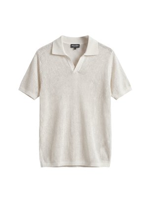 Bijela pletena polo majica kratkih rukava s teksturiranim uzorkom, otvorenim ovratnikom i oznakom marke Antony Morato na stražnjoj strani vrata.