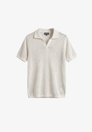 Bijela pletena polo majica kratkih rukava s teksturiranim uzorkom, otvorenim ovratnikom i oznakom marke Antony Morato na stražnjoj strani vrata.