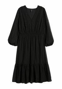 Schwarzes Kleid mit langen Puffärmeln, V-Ausschnitt, strukturiertem Stoff, geraffter Taille und Rüschen-Saum. Verfügt über Knopfdetails entlang der Vorderseite.