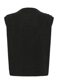 Musthave musteta ilma varrukatega tipp, mis on valmistatud tekstuurist kangast, millel on õhuke sära, laia ümarate kaelustega ja struktureeritud õlgadega.