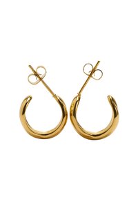 Złote kolczyki koła o polerowanym wykończeniu. Okrągły kształt z zakrzywionym wzorem, z zapięciem na sztyft i minimalistycznym zdobieniem.