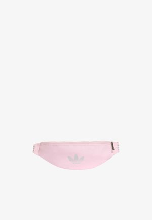Marsupio rosa chiaro con zip centrale, logo Adidas grigio discreto e spallacci bianchi regolabili a righe.