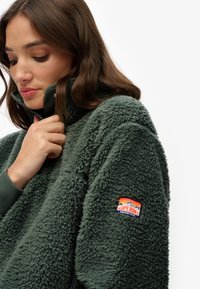 Groene fleece pullover met een hoge kraag, met een zachte textuur en geborduurd logo op de arm. Drukknoopsluiting onder de kraag.