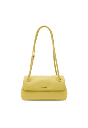 Piccola borsa a tracolla in pelle gialla con tracolla lunga e dettagli in tono oro, dotata di chiusura a patta e logo Trussardi sul davanti.