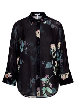 Zwarte blouse met lange mouwen en knopen, met een puntige kraag en pastelgekleurde bloemenprints in groen, roze, paars en wit.