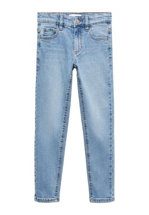 Hellblaue Jeans aus Denim mit Knopf- und Reißverschluss, vorne und hinten Taschen sowie einem schlanken geraden Schnitt.