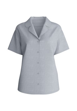 Lichtgrijs overhemd met korte mouwen, knoopsluiting, een ingesneden kraag en een rechte zoom, afgebeeld tegen een witte achtergrond.