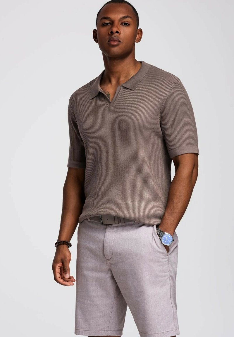 Polo shirt a righe marrone chiaro con colletto, abbinato a pantaloni corti grigi chiari, che mette in evidenza una sottile texture e un fit rilassato.