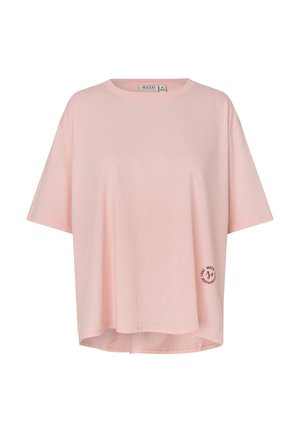 T-shirt ample rose clair à manches courtes avec col rond et petit logo circulaire de la marque près de l'ourlet inférieur sur le côté droit.