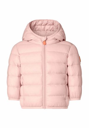 Giacca rosa gonfia con cappuccio, design trapuntato, zip frontale e dettagli arancioni, realizzata in materiale liscio e leggero.