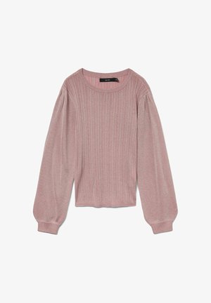 Rožinė horizontaliu raštu megzta palaidinė su ilgomis pūkuotomis rankovėmis ir apvaliu iškirpimu. Pagaminta iš minkštos, tekstūruotos medžiagos. Trumpas ilgis su raštuotais rankogaliais.