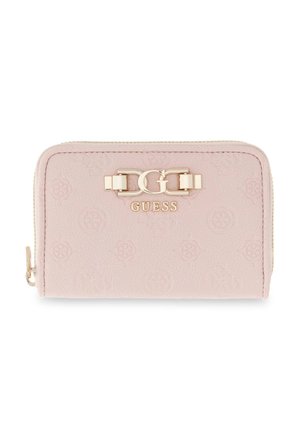 Blush pink Guess wallet with embossed logo pattern, gold-tone double G logo and Guess name on front, zipper closure on side.