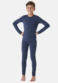 Navy blue long-sleeve top and fitted leggings made from soft, stretchy fabric. Features a crew neckline and snug cuffs at the wrists and ankles.