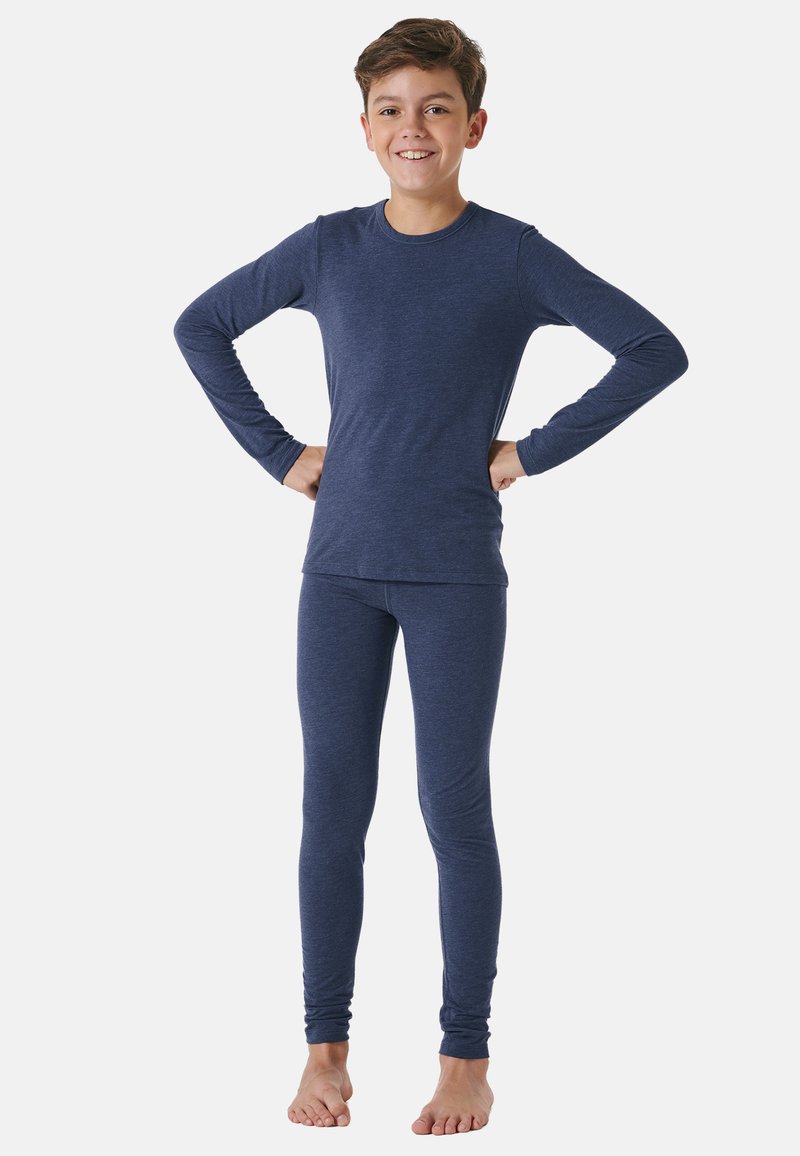 Navy blue long-sleeve top and fitted leggings made from soft, stretchy fabric. Features a crew neckline and snug cuffs at the wrists and ankles.