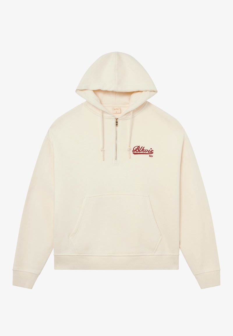 Kremowy hoodie z kieszenią kangurką, na pół-zamek oraz czerwonym haftowanym logo na klatce piersiowej. Miękki materiał i standardowy krój.