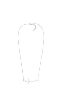 Srebrny naszyjnik łańcuszkowy z minimalistycznym poziomym wisiorkiem w kształcie krzyża. Łańcuszek jest delikatny z zapięciem na homara i regulowaną długością.