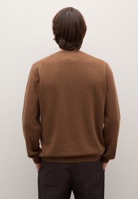 Pull en tricot marron à manches longues et col rond, avec une texture lisse et un ourlet côtelé, vu de dos.