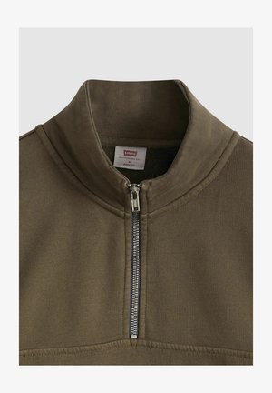 Olijfgroene trui met een hoge kraag en een 1/4 ritssluiting. Gemaakt van een gladde, gestructureerde stof met een sportieve snit en stikdetails.