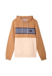 Felpa con cappuccio marrone, crema e grigia, dotata di tasca frontale, strisce orizzontali a contrasto e cordini sul cappuccio.