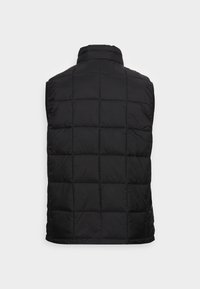 Czarna kamizelka puchowa z pikowanym wzorem o kwadratowych sekcjach, z wysokim kołnierzem i bez rękawów, wykonana z gładkiego, lekkiego materiału.