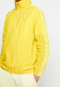 Žlutá větrovka s vysokým límcem, bílými pruhy na rukávech, zapínáním na zip a bočními kapsami. Matná textura, lehký materiál.
