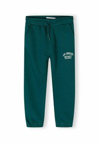 Pantaloni della tuta verdi con polsini elastici, vita con cordoncino, tasche laterali e testo "Los Angeles District" in bianco sulla coscia sinistra.