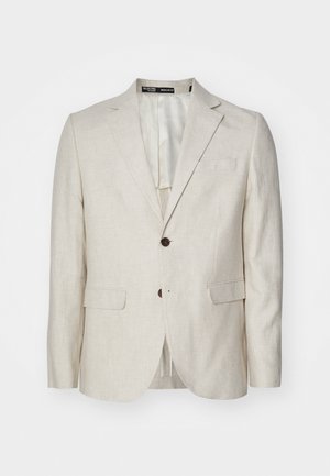 Heled beige linane bleiser kaksiknuppude sulgemisega, spetsiaalsete lapelidega, kahe esipocketiga ja ühe tagaseeliku avaga. Tavalise lõikega disain.