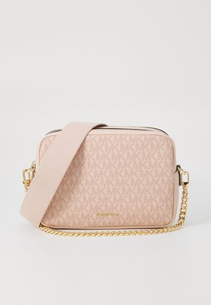 Light pink rectangular crossbody bag featuring an embossed MK pattern, gold chain accent, and detachable shoulder strap. Zip closure at top.