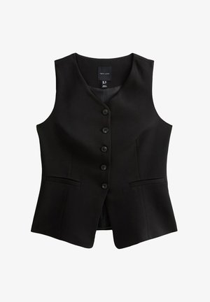 Zwarte gilet met een V-halslijn, zes knopen aan de voorkant en twee zijzakken. Gemaakt van gladde stof met een getailleerde pasvorm.