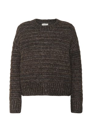 Pull en tricot marron avec un motif texturé, col rond et ourlet côtelé. Le tissu a une apparence rugueuse avec des nuances variées.